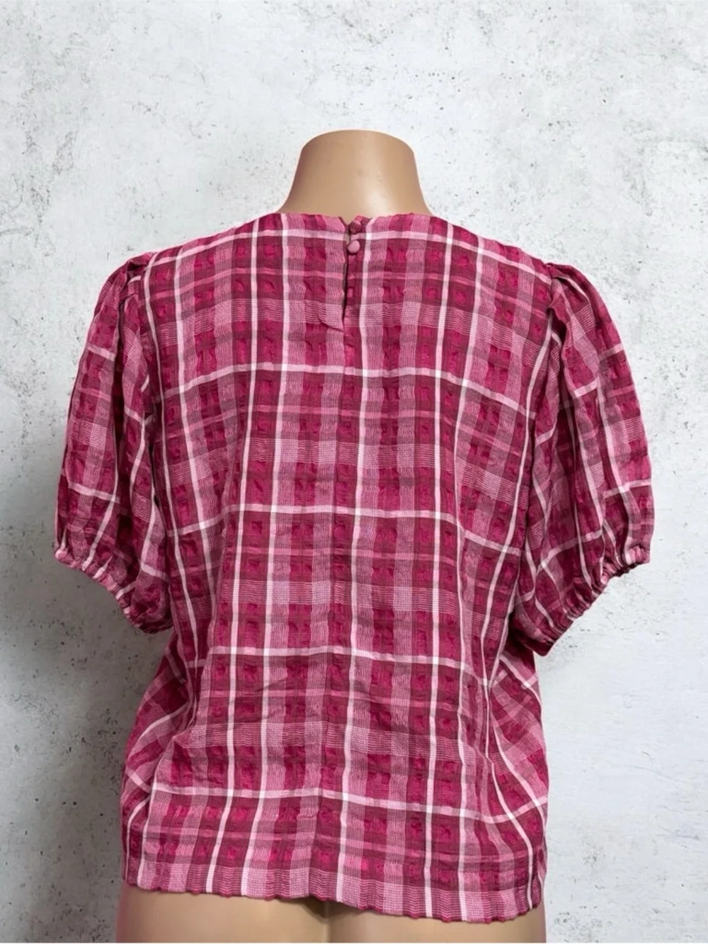 Madewell Plaid Puff-Sleeve Top Women's Sz S Bold Pink Textural Sheer Style MC052